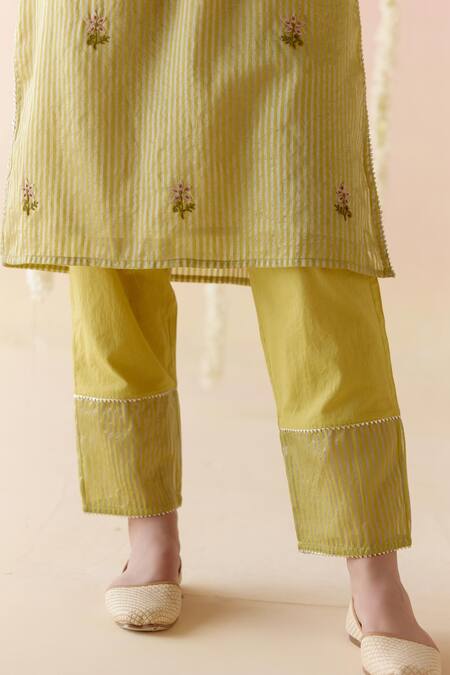 Buy_Nero India_Green Crepe, Chanderi, Net, Satin Embroidery, Floral Stripped Kurta Pant Set_Online_at_Aza_Fashions