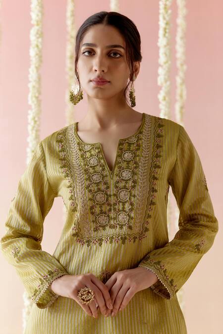 Shop_Nero India_Green Crepe, Chanderi, Net, Satin Embroidery, Floral Stripped Kurta Pant Set_Online_at_Aza_Fashions