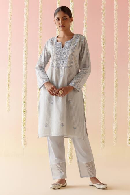 Nero India_Blue Crepe, Chanderi, Satin Gota Floral Embroidered Yoke Stripped Kurta Pant Set_Online_at_Aza_Fashions