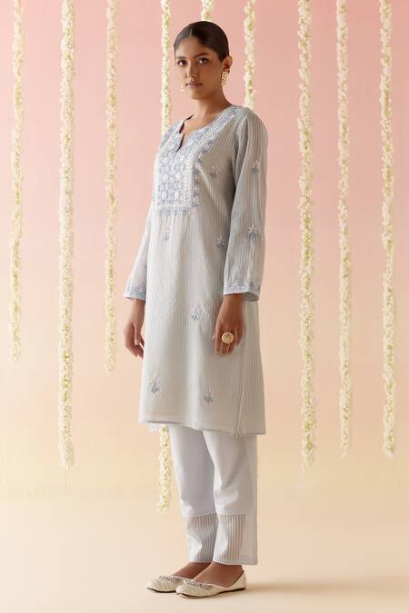 Buy_Nero India_Blue Crepe, Chanderi, Satin Gota Floral Embroidered Yoke Stripped Kurta Pant Set_Online_at_Aza_Fashions