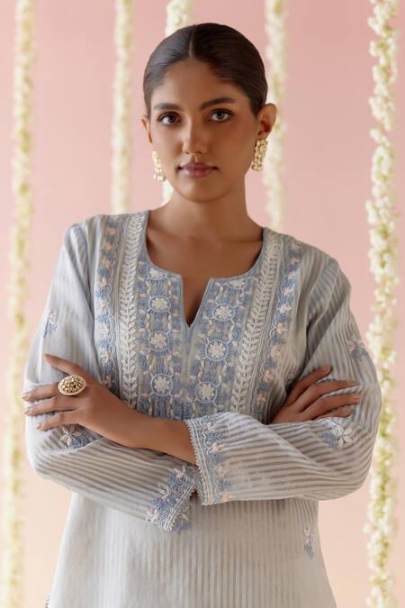 Shop_Nero India_Blue Crepe, Chanderi, Satin Gota Floral Embroidered Yoke Stripped Kurta Pant Set_Online_at_Aza_Fashions