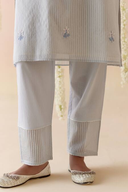 Nero India_Blue Crepe, Chanderi, Satin Gota Floral Embroidered Yoke Stripped Kurta Pant Set_at_Aza_Fashions