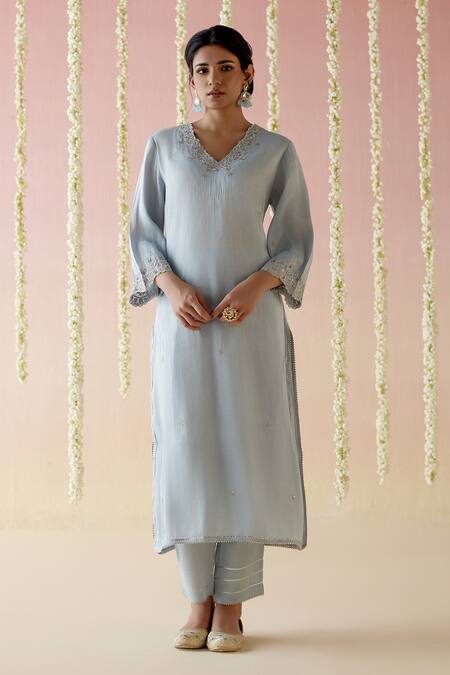 Nero India_Blue Tissue, Chanderi Gota Patti, Tassels, Aari Straight Kurta Pant Set_Online_at_Aza_Fashions