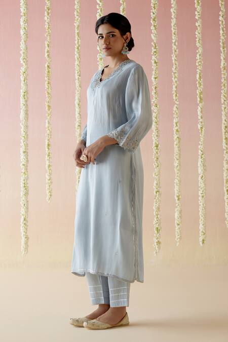 Buy_Nero India_Blue Tissue, Chanderi Gota Patti, Tassels, Aari Straight Kurta Pant Set_Online_at_Aza_Fashions