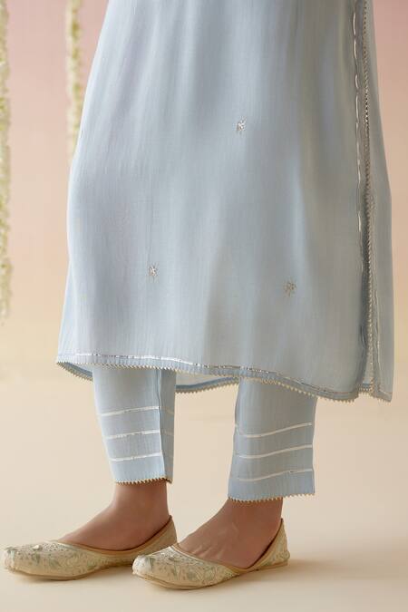 Shop_Nero India_Blue Tissue, Chanderi Gota Patti, Tassels, Aari Straight Kurta Pant Set_Online_at_Aza_Fashions