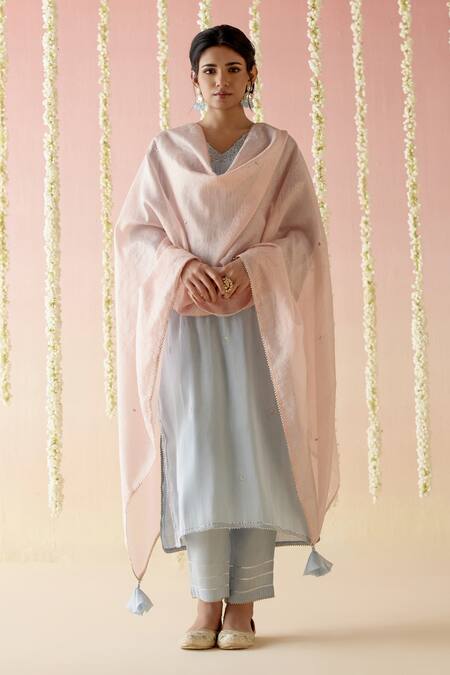 Nero India_Blue Tissue, Chanderi Gota Patti, Tassels, Aari Straight Kurta Pant Set_at_Aza_Fashions