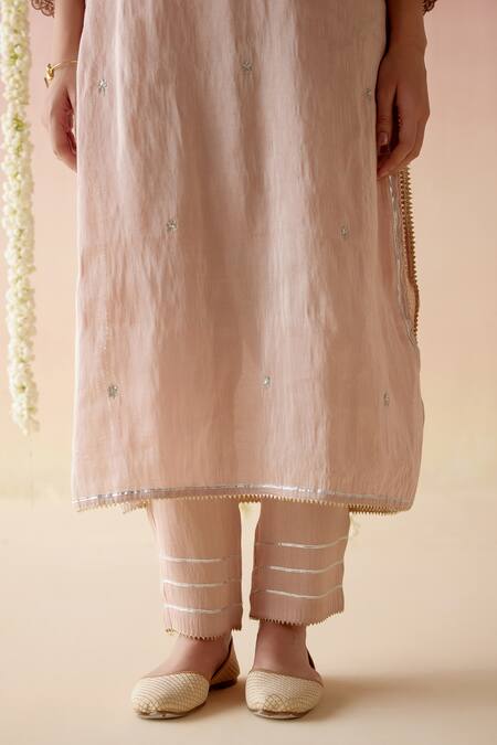 Shop Nero India Pink Tissue, Chanderi Embroidery, Tassels V-neck Aari Kurta Pant Set Online at Aza Fashions Shop_Nero India_Pink Tissue, Chanderi Embroidery, Tassels V-neck Aari Kurta Pant Set_Online_at_Aza_Fashions