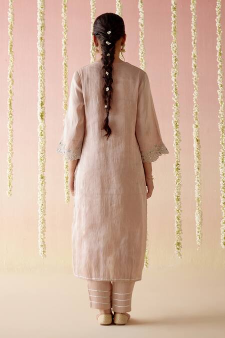 Shop Nero India Pink Tissue, Chanderi Embroidery, Tassels V-neck Aari Kurta Pant Set at Aza Fashions Shop_Nero India_Pink Tissue, Chanderi Embroidery, Tassels V-neck Aari Kurta Pant Set_at_Aza_Fashions