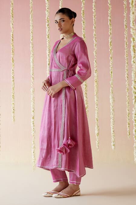Shop Nero India Pink Tissue Gota Patti V-neck Aari Embroidered Angrakha And Pant Set Online at Aza Fashions Shop_Nero India_Pink Tissue Gota Patti V-neck Aari Embroidered Angrakha And Pant Set_Online_at_Aza_Fashions