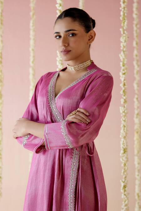 Nero India Pink Tissue Gota Patti V-neck Aari Embroidered Angrakha And Pant Set at Aza Fashions Nero India_Pink Tissue Gota Patti V-neck Aari Embroidered Angrakha And Pant Set_at_Aza_Fashions