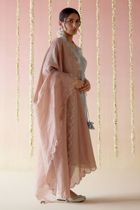 Nero India_Blue Tissue, Crepe Gota Patti, Tassels V-neck Aari Embroidered Angrakha Pant Set_Online_at_Aza_Fashions