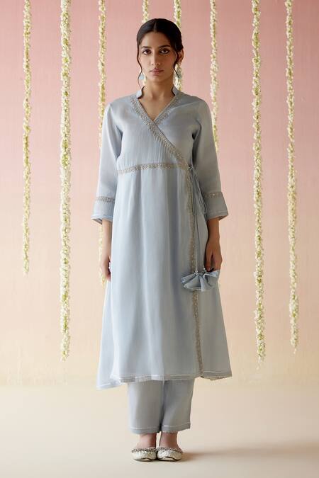 Buy_Nero India_Blue Tissue, Crepe Gota Patti, Tassels V-neck Aari Embroidered Angrakha Pant Set_Online_at_Aza_Fashions