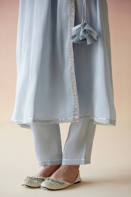 Shop_Nero India_Blue Tissue, Crepe Gota Patti, Tassels V-neck Aari Embroidered Angrakha Pant Set_Online_at_Aza_Fashions