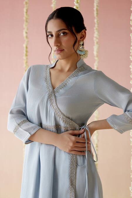Nero India_Blue Tissue, Crepe Gota Patti, Tassels V-neck Aari Embroidered Angrakha Pant Set_at_Aza_Fashions