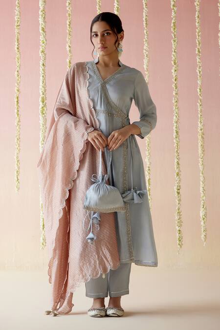Buy_Nero India_Blue Tissue, Crepe Gota Patti, Tassels V-neck Aari Embroidered Angrakha Pant Set