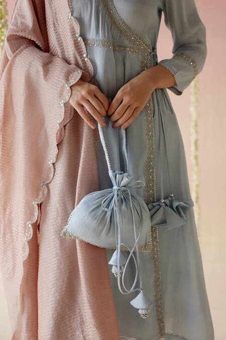 Shop_Nero India_Blue Tissue, Crepe Gota Patti, Tassels V-neck Aari Embroidered Angrakha Pant Set