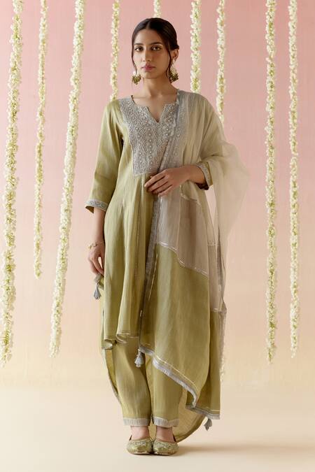 Nero India_Green Tissue, Satin Embroidery, Tassels Split V-neck Yoke A-line Kurta Pant Set_at_Aza_Fashions