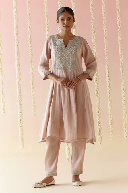 Nero India_Pink Tissue, Satin Embroidery, Tassels Split V-neck A-line Kurta Pant Set_Online_at_Aza_Fashions