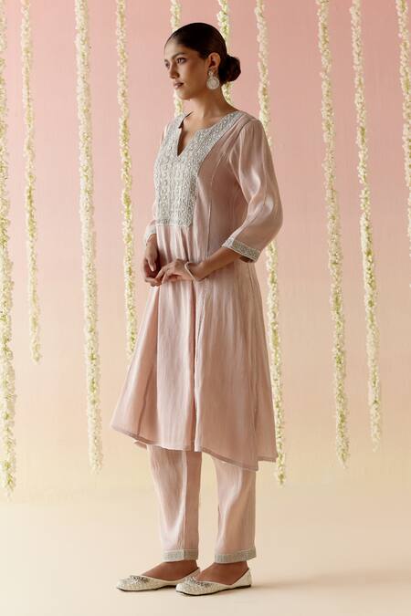 Buy_Nero India_Pink Tissue, Satin Embroidery, Tassels Split V-neck A-line Kurta Pant Set_Online_at_Aza_Fashions