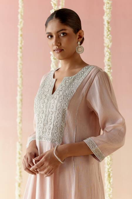 Shop_Nero India_Pink Tissue, Satin Embroidery, Tassels Split V-neck A-line Kurta Pant Set_Online_at_Aza_Fashions