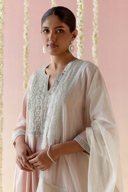 Nero India_Pink Tissue, Satin Embroidery, Tassels Split V-neck A-line Kurta Pant Set_at_Aza_Fashions