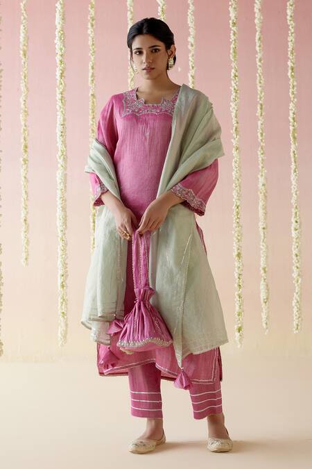 Shop_Nero India_Pink Tissue, Chanderi Gota Patti, Aari Embroidered Straight Kurta Pant Set_Online_at_Aza_Fashions