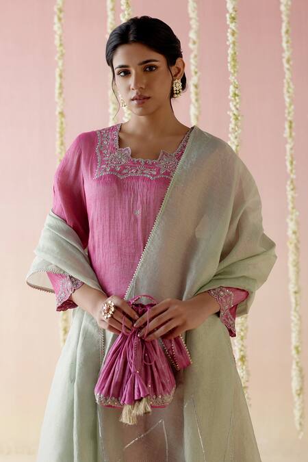 Nero India_Pink Tissue, Chanderi Gota Patti, Aari Embroidered Straight Kurta Pant Set_at_Aza_Fashions