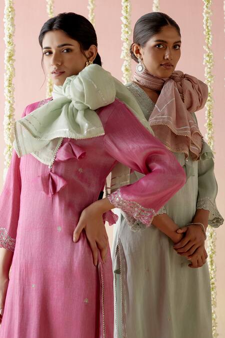 Buy_Nero India_Pink Tissue, Chanderi Gota Patti, Aari Embroidered Straight Kurta Pant Set