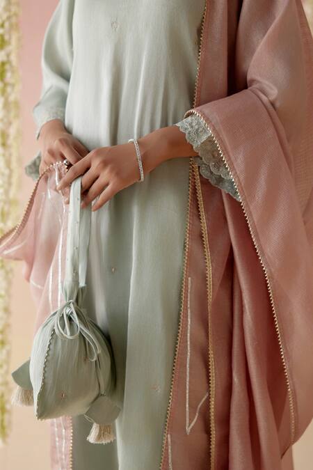 Nero India_Blue Tissue, Chanderi Gota Patti, Thread Embroidered Straight Kurta Pant Set_at_Aza_Fashions