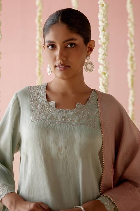 Buy_Nero India_Blue Tissue, Chanderi Gota Patti, Thread Embroidered Straight Kurta Pant Set