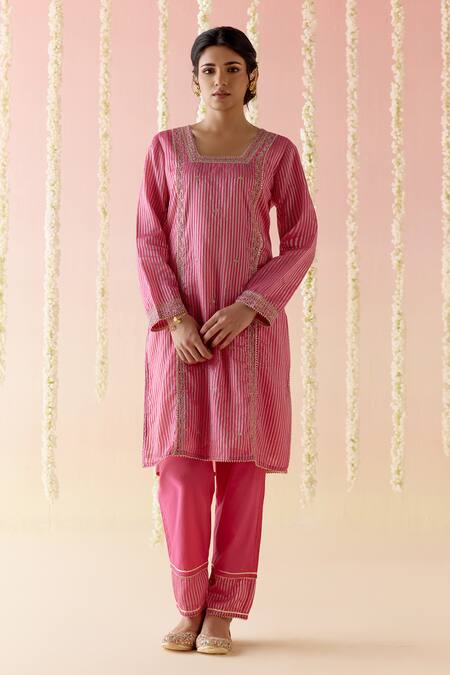 Nero India_Pink Crepe, Silk, Chanderi Embroidery, Gota Patti, Stripped Short Kurta Pant Set_Online_at_Aza_Fashions