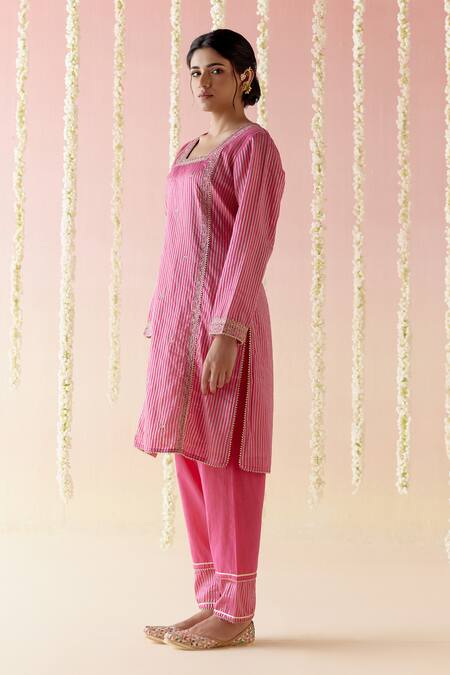 Buy_Nero India_Pink Crepe, Silk, Chanderi Embroidery, Gota Patti, Stripped Short Kurta Pant Set_Online_at_Aza_Fashions