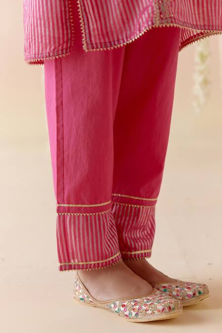 Shop_Nero India_Pink Crepe, Silk, Chanderi Embroidery, Gota Patti, Stripped Short Kurta Pant Set_Online_at_Aza_Fashions