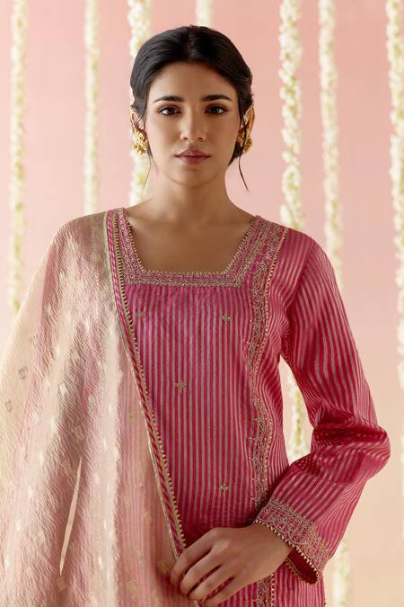 Nero India_Pink Crepe, Silk, Chanderi Embroidery, Gota Patti, Stripped Short Kurta Pant Set_at_Aza_Fashions