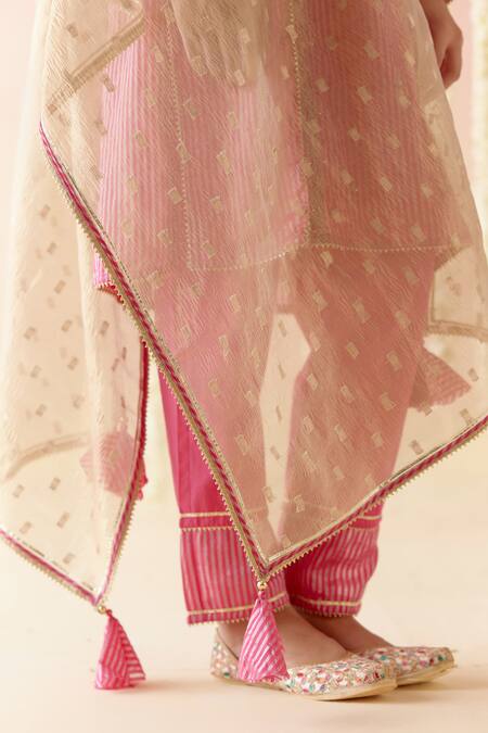 Shop_Nero India_Pink Crepe, Silk, Chanderi Embroidery, Gota Patti, Stripped Short Kurta Pant Set
