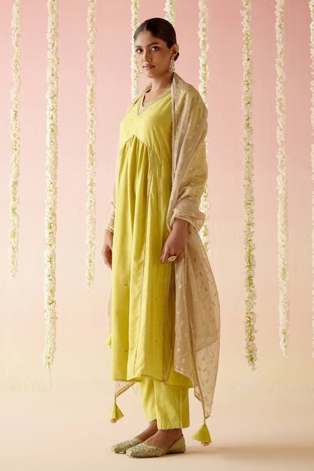 Nero India_Yellow Chanderi, Crepe Gota Patti, Embroidered A-line Flared Kurta Pant Set_Online_at_Aza_Fashions