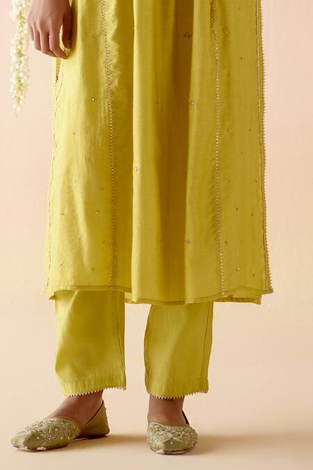 Nero India_Yellow Chanderi, Crepe Gota Patti, Embroidered A-line Flared Kurta Pant Set_at_Aza_Fashions