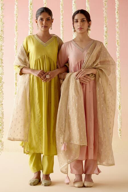 Shop_Nero India_Yellow Chanderi, Crepe Gota Patti, Embroidered A-line Flared Kurta Pant Set