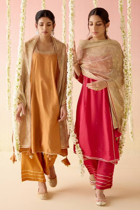 Nero India_Brown Chanderi, Crepe Gota Patti, Tassels Cheeta Embroidered Kurta Pant Set_Online_at_Aza_Fashions