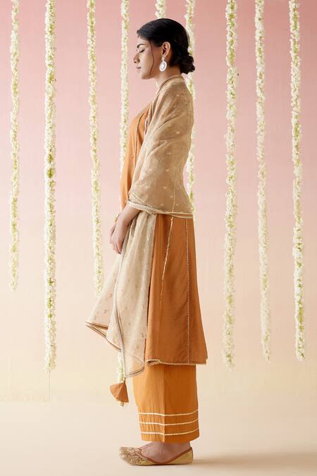 Buy_Nero India_Brown Chanderi, Crepe Gota Patti, Tassels Cheeta Embroidered Kurta Pant Set_Online_at_Aza_Fashions
