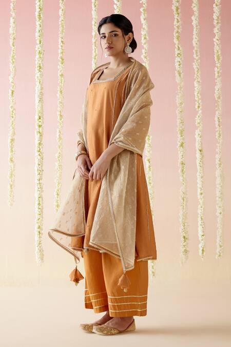 Shop_Nero India_Brown Chanderi, Crepe Gota Patti, Tassels Cheeta Embroidered Kurta Pant Set_Online_at_Aza_Fashions