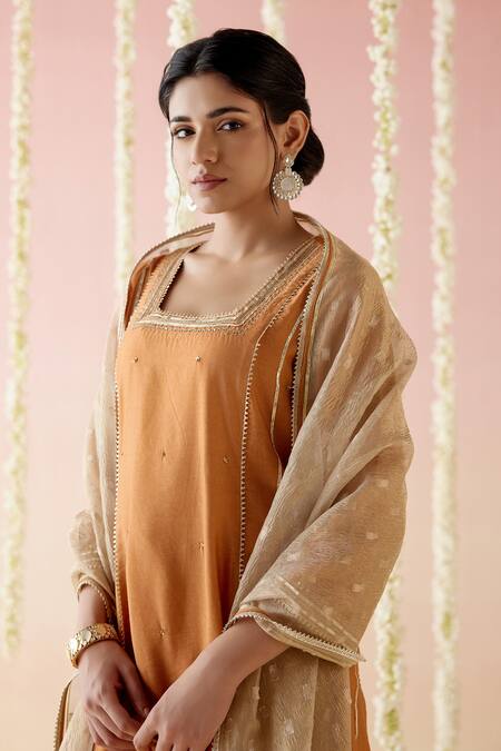 Nero India_Brown Chanderi, Crepe Gota Patti, Tassels Cheeta Embroidered Kurta Pant Set_at_Aza_Fashions