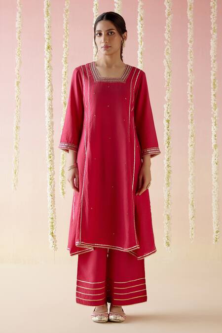 Nero India_Pink Chanderi, Crepe Embroidery, Tassels Cheeta Straight Kurta Pant Set_Online_at_Aza_Fashions
