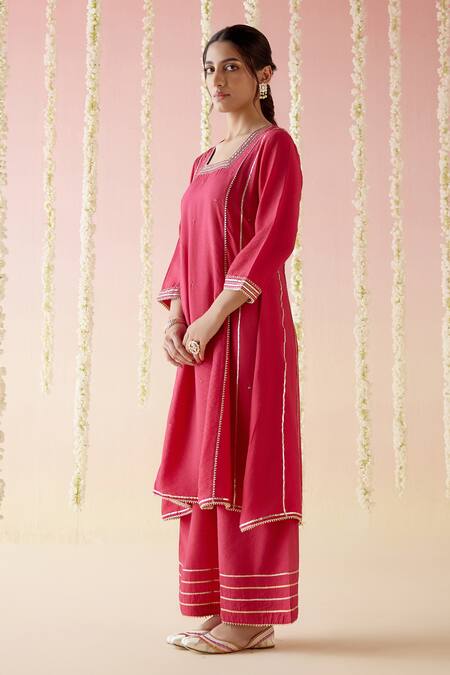 Buy_Nero India_Pink Chanderi, Crepe Embroidery, Tassels Cheeta Straight Kurta Pant Set_Online_at_Aza_Fashions