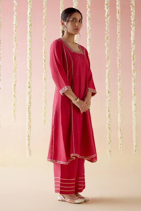 Shop_Nero India_Pink Chanderi, Crepe Embroidery, Tassels Cheeta Straight Kurta Pant Set_Online_at_Aza_Fashions