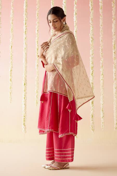 Nero India_Pink Chanderi, Crepe Embroidery, Tassels Cheeta Straight Kurta Pant Set_at_Aza_Fashions