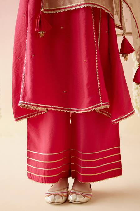 Buy_Nero India_Pink Chanderi, Crepe Embroidery, Tassels Cheeta Straight Kurta Pant Set
