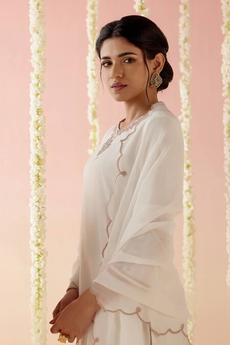 Nero India_White Chanderi, Viscose, Organza Embroidery, Tassels Dori Kurta Pant Set_Online_at_Aza_Fashions