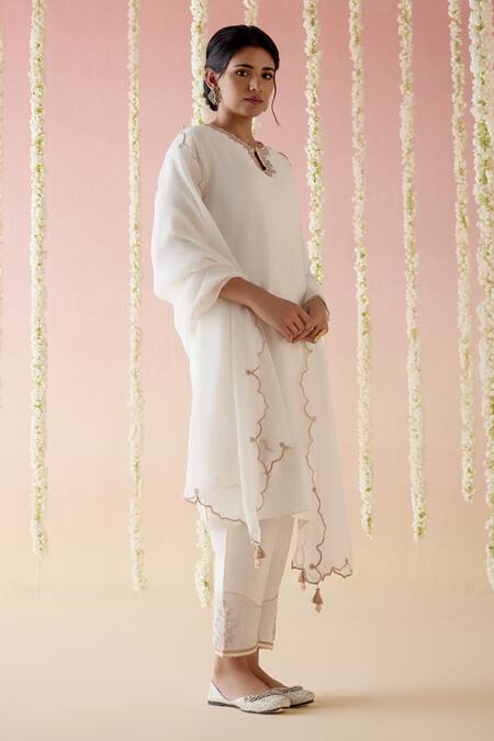 Shop_Nero India_White Chanderi, Viscose, Organza Embroidery, Tassels Dori Kurta Pant Set_Online_at_Aza_Fashions