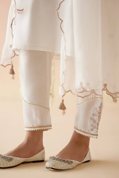 Nero India_White Chanderi, Viscose, Organza Embroidery, Tassels Dori Kurta Pant Set_at_Aza_Fashions